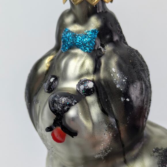 Shih Tzu Dog Handblown Glass Ornament Christmas Tree Black Silver Poland Glitter - Picture 7 of 11